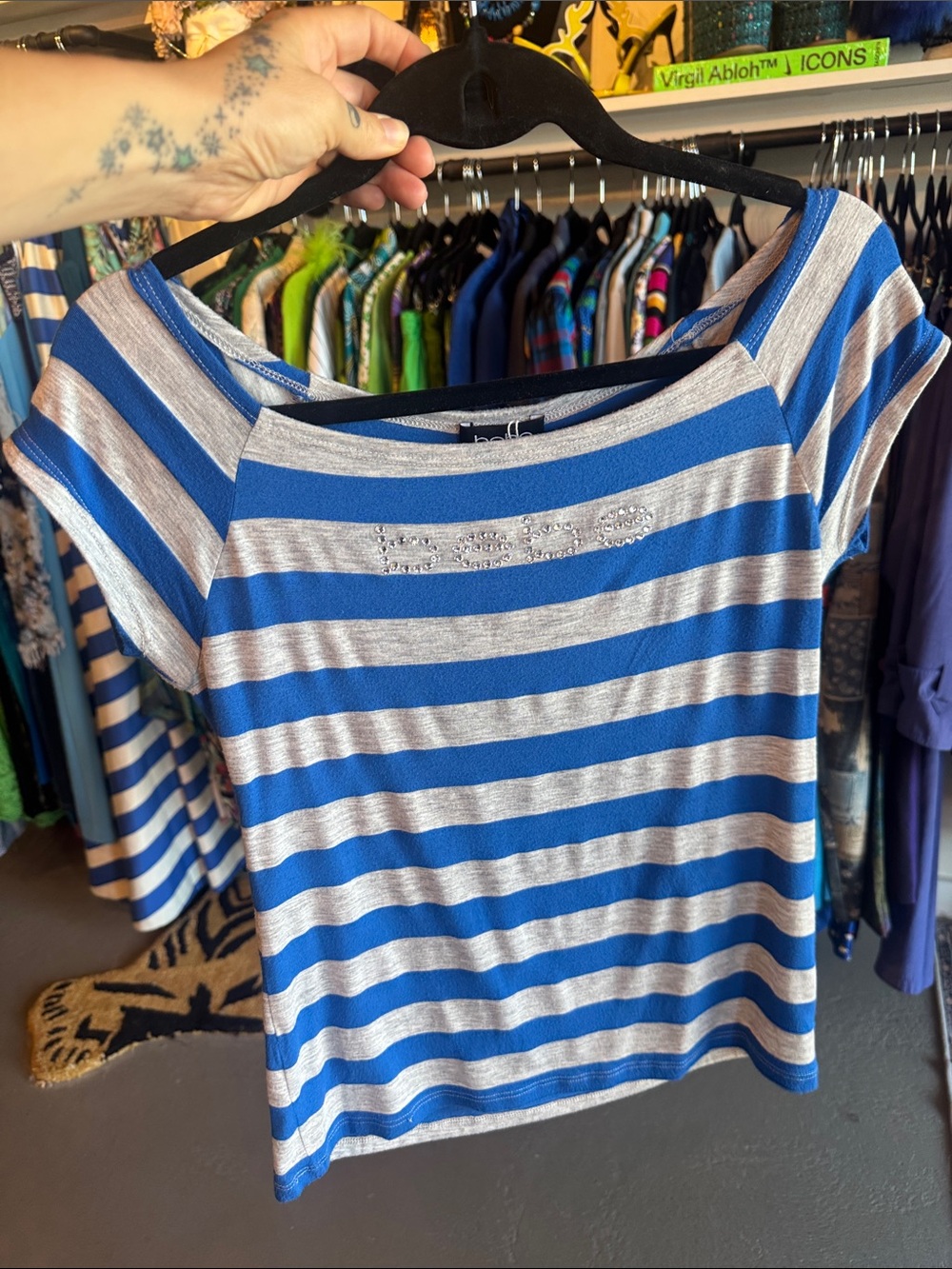 Vintage bebe striped boatneck top in blue and gray